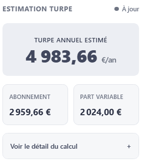 Estimation TURPE : 4 983,66 € par an, dont 2 959,66 € d’abonnement et 2 024,00 € de part variable